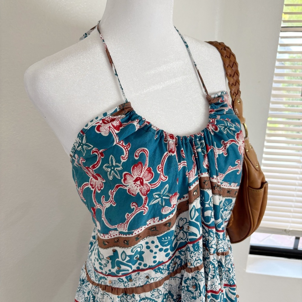 Angie Boho Floral Halter Mini Dress Tiered Cotton M - Picture 2 of 7